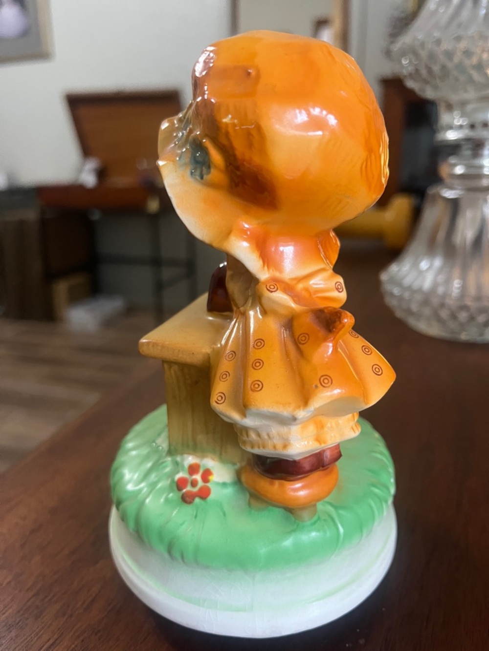 Hand-Painted Ceramic Girl Figurine with Orange Bonnet Music 🎶 Box - Picture 5 of 10